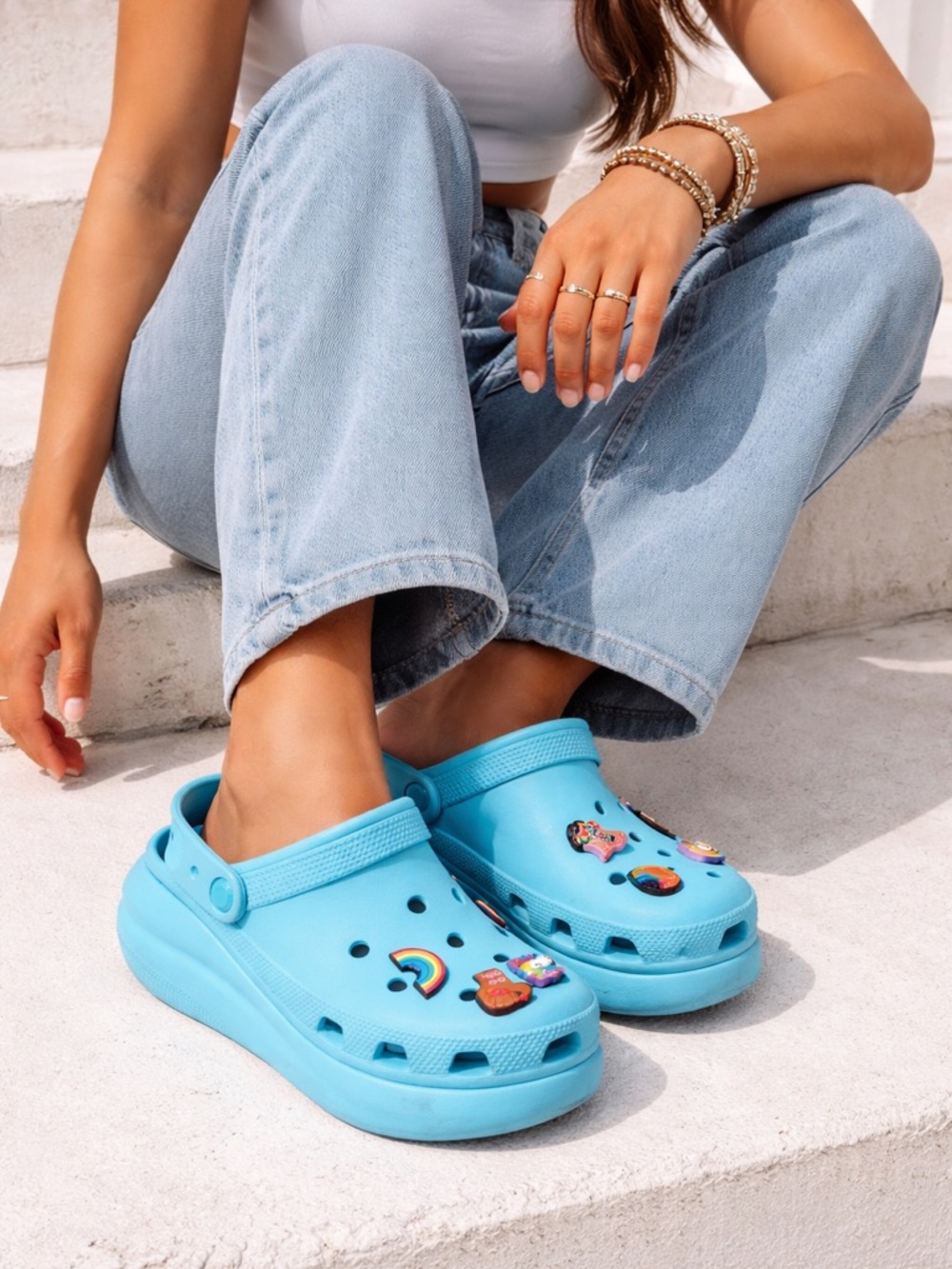 CROCS Classic Platform Clog Teal Size 7  with Colorful Charms